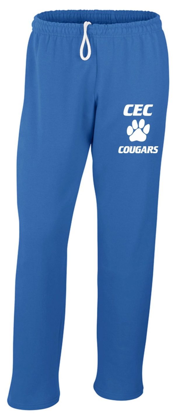 CEC Baseball Royal Open Bottom sweatpants G184 with a white drawstring and the logo "cec cougars" printed on the upper left leg.