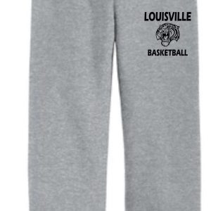 Gray Louisville Tigers Basketball Open Bottom sweatpants with an elastic waistband and louisville basketball logo printed on the upper left thigh.