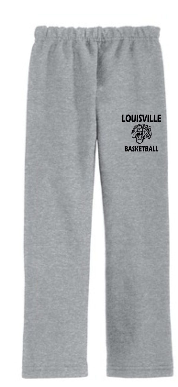 Gray Louisville Tigers Basketball Open Bottom sweatpants with an elastic waistband and louisville basketball logo printed on the upper left thigh.