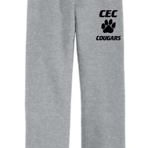 CEC Baseball Sport Gray Open Bottom sweatpants G184 with an elastic waistband and "cec cougars" logo printed on the upper left leg in black.