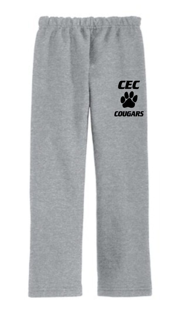 CEC Baseball Sport Gray Open Bottom sweatpants G184 with an elastic waistband and "cec cougars" logo printed on the upper left leg in black.