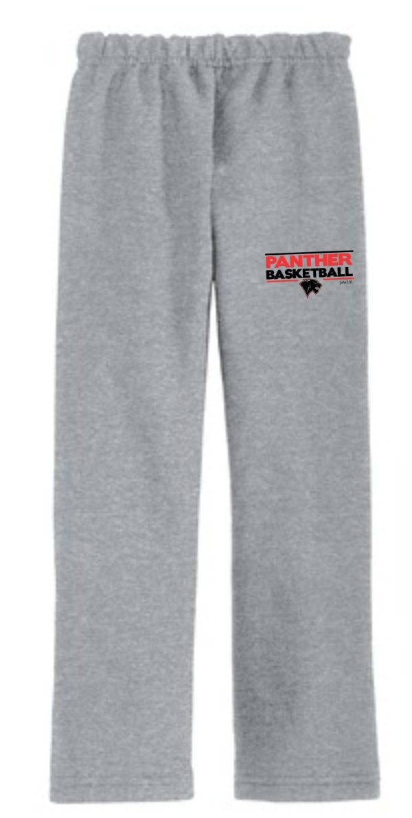 Heart For Christ Basketball Open Bottom sweatpants G18400 with an elastic waistband, featuring a "panther basketball" logo on the upper left leg.