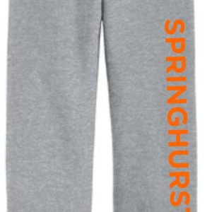 Springhurst Sharks ADULT Sport Gray Open Bottom sweatpants G184 with elastic waistband and orange "springhurst" text on the left leg.