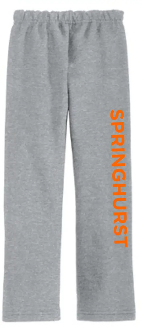 Springhurst Sharks ADULT Sport Gray Open Bottom sweatpants G184 with elastic waistband and orange "springhurst" text on the left leg.