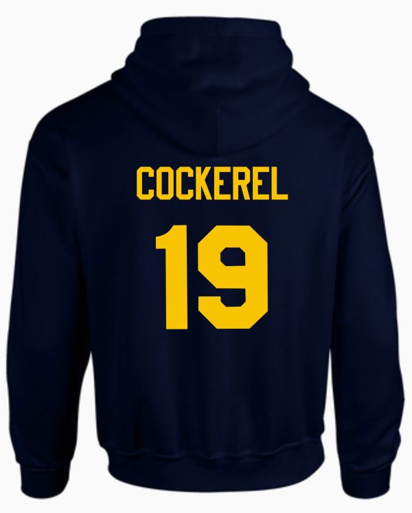 Thunder Baseball Hooded Sweatshirt with "cockerel 19" printed in yellow on the back.