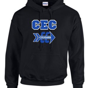 2022 CEC Cross Country Black Hooded sweatshirt G185 with "cec cougars" logo in blue and white on the front.