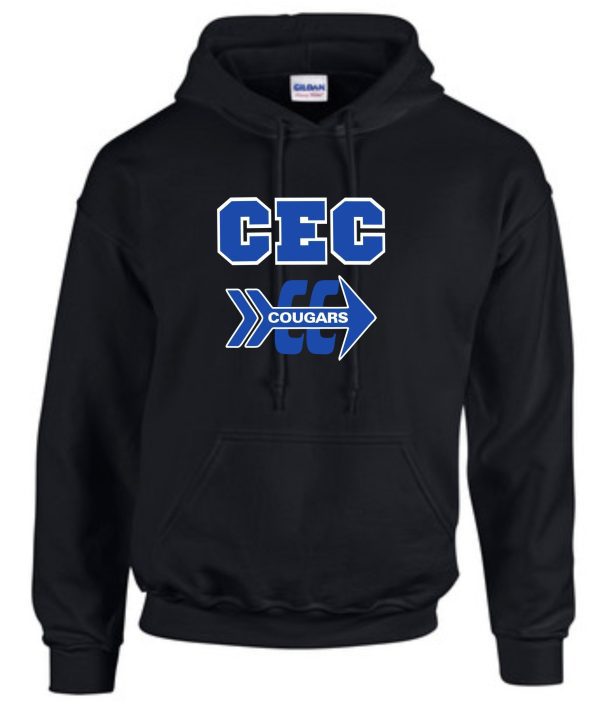 2022 CEC Cross Country Black Hooded sweatshirt G185 with "cec cougars" logo in blue and white on the front.