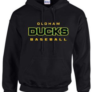 Black hoodie with Oldham Ducks baseball logo.