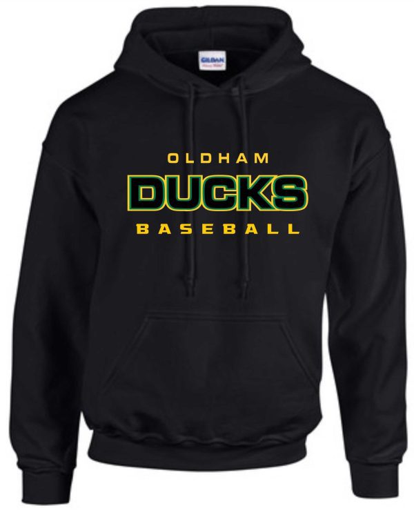 Black hoodie with Oldham Ducks baseball logo.