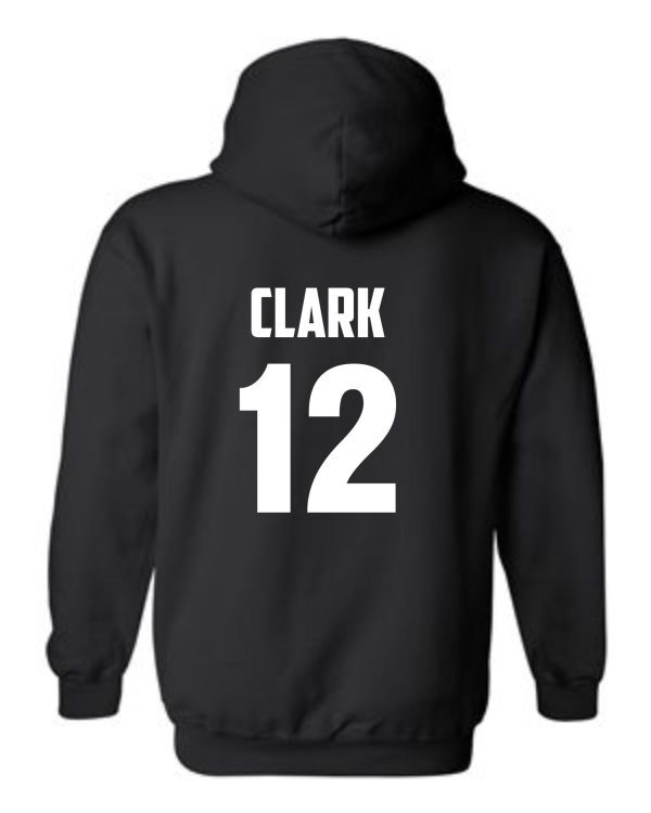 Hoops For Christ Basketball Words Hooded sweatshirt G185 with the name "clark" and the number "12" printed in white on the back.