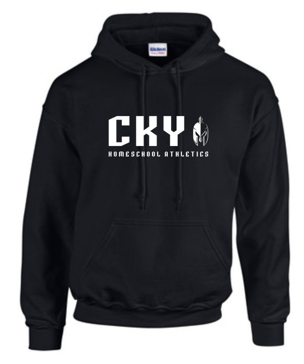 Black hoodie with CKY homeschool athletics logo.