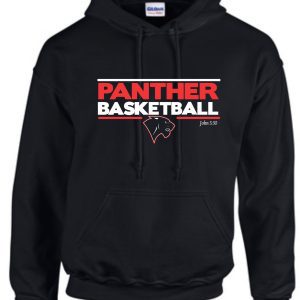 Heart For Christ Basketball Hooded sweatshirt G185 with the text "panther basketball" and a panther head logo, plus a reference to john 8:30, displayed on the front.