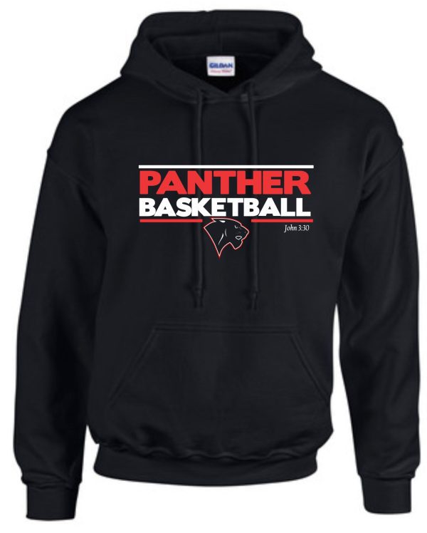 Heart For Christ Basketball Hooded sweatshirt G185 with the text "panther basketball" and a panther head logo, plus a reference to john 8:30, displayed on the front.