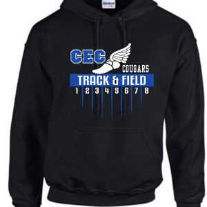 2022 CEC Track Black Hooded sweatshirt G185 with "cec cougars track & field" design featuring a team logo and lanes numbered 1 to 8.