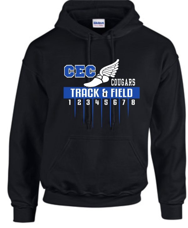 2022 CEC Track Black Hooded sweatshirt G185 with "cec cougars track & field" design featuring a team logo and lanes numbered 1 to 8.