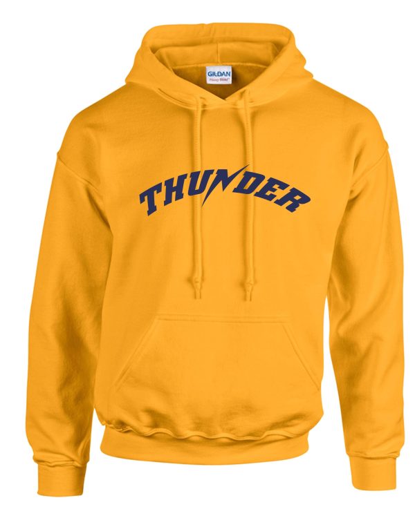 Thunder Baseball Hooded Sweatshirt with the word "thunder" in blue block letters across the chest, featuring a drawstring hood and a front pouch pocket.