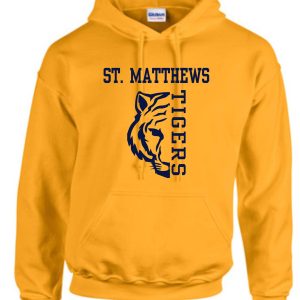 Yellow St Matthews Elementary Track Gold Hooded Sweatshirt G185 with "st. matthews tigers" text and a tiger face logo on the front.