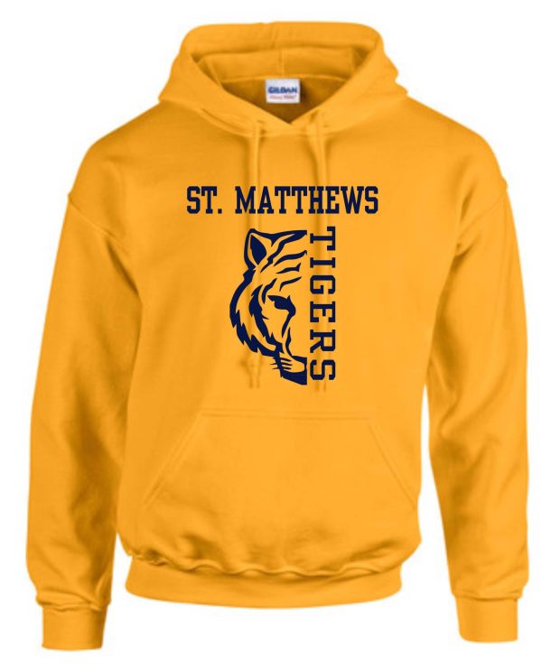 Yellow St Matthews Elementary Track Gold Hooded Sweatshirt G185 with "st. matthews tigers" text and a tiger face logo on the front.