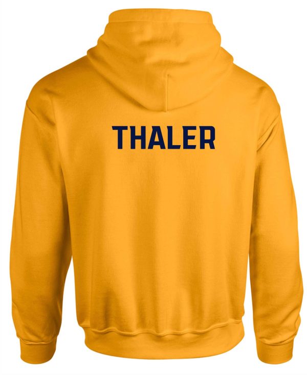 Yellow St Matthews Elementary Track Gold Hooded Sweatshirt G185 with the word "thaler" printed in blue on the back.