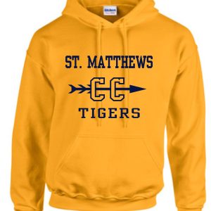 A St Matthews Elementary Cross Country Gold Hooded Sweatshirt G185 with "st. matthews cc tigers" printed in bold block letters, embellished with a black arrow graphic.