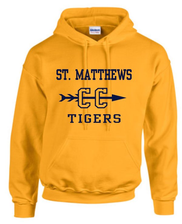 A St Matthews Elementary Cross Country Gold Hooded Sweatshirt G185 with "st. matthews cc tigers" printed in bold block letters, embellished with a black arrow graphic.