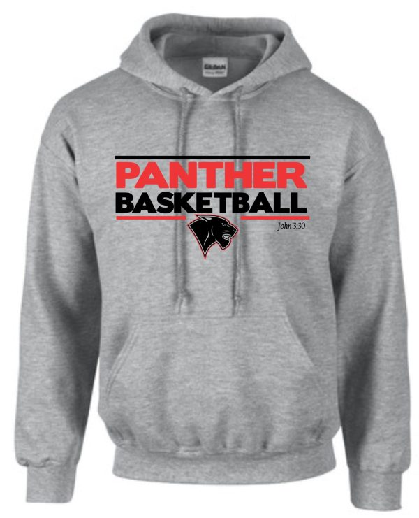 Heart For Christ Basketball Hooded sweatshirt G185 with "panther basketball" text and a panther logo on the chest, and a reference to john 3:30 below it.