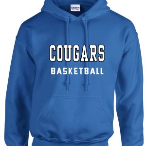 CEC Basketball Royal Blue Hooded sweatshirt G185 with "cougars basketball" printed in white block letters on the front.