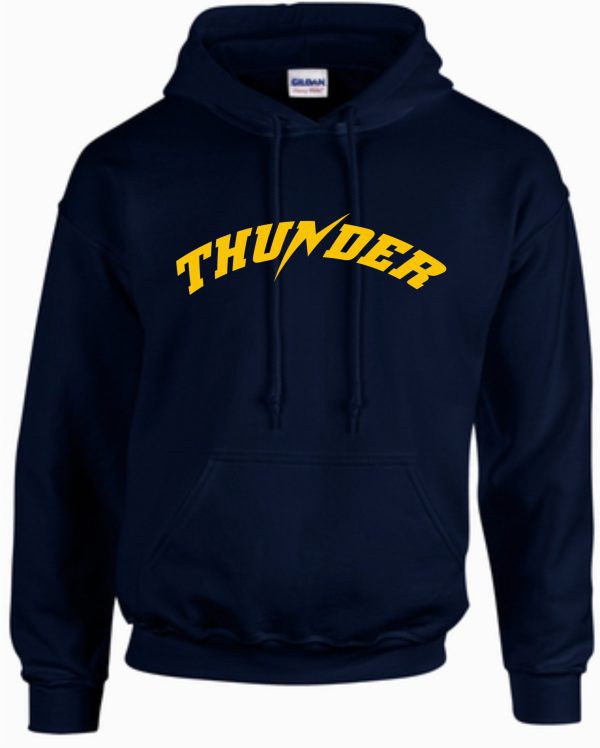 Thunder Baseball Hooded Sweatshirt with the word "thunder" in bold yellow letters across the chest.