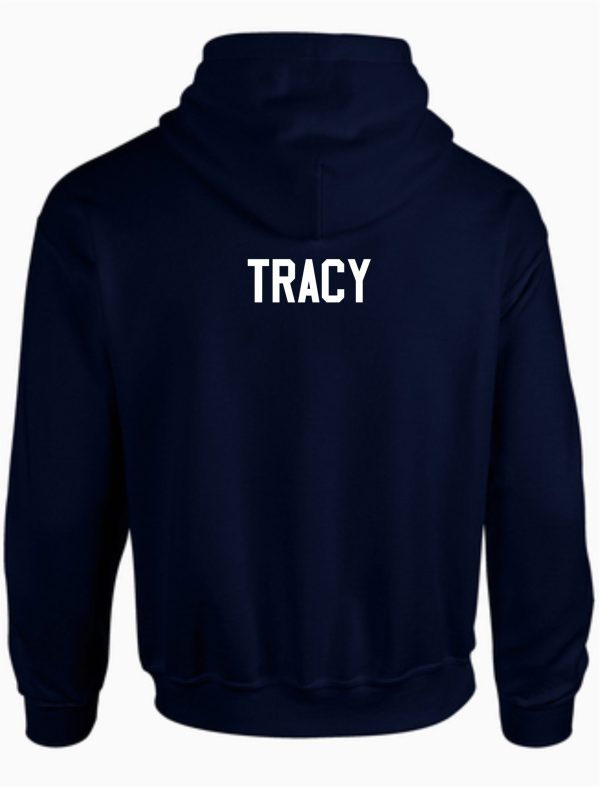 Derby City AC Navy Hooded Sweatshirt G185 with the name "tracy" printed in white letters on the back.