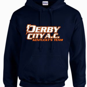 Derby City AC Navy Hooded Sweatshirt G185 with "derby city a.c. kentucky’s team" printed in orange and white on the front.