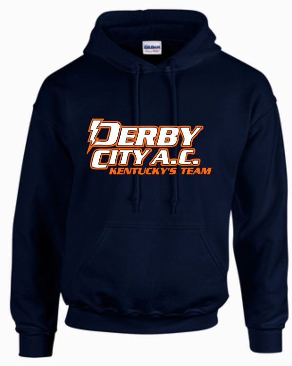 Derby City AC Navy Hooded Sweatshirt G185 with "derby city a.c. kentucky’s team" printed in orange and white on the front.