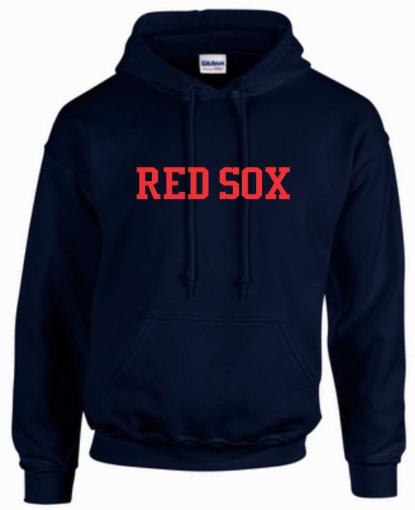 2023 STM Baseball Red Sox Navy Hooded sweatshirt G185 with "red sox" printed in large red letters across the chest.