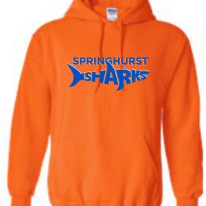 Springhurst Sharks Orange Hooded sweatshirt G18500 with "springshurst sharks" written in blue across the front.
