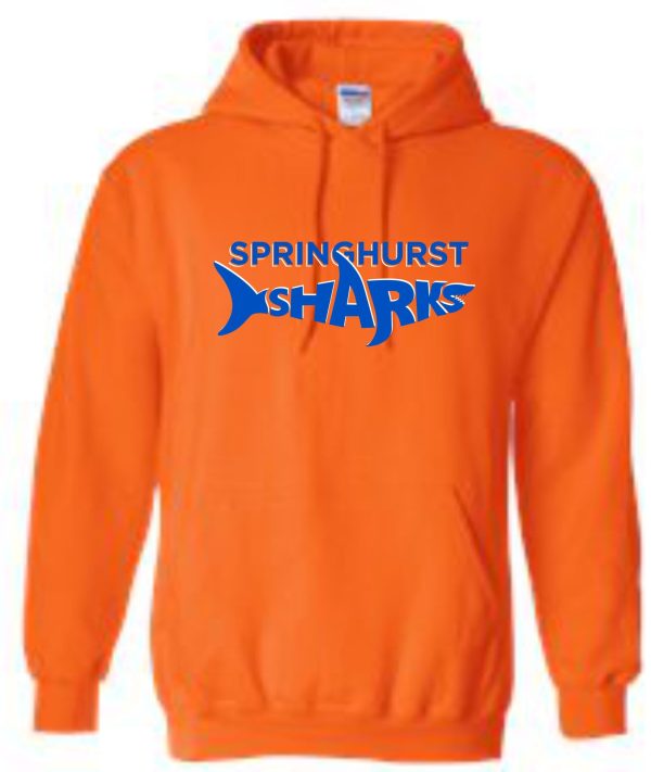 Springhurst Sharks Orange Hooded sweatshirt G18500 with "springshurst sharks" written in blue across the front.