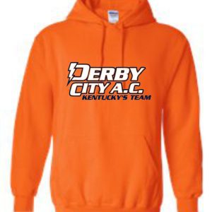 Bright Derby City AC Orange Hooded Sweatshirt G185 with "derby city a.c. kentucky's team" logo printed in black and white on the front.