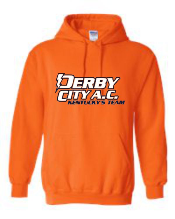 Bright Derby City AC Orange Hooded Sweatshirt G185 with "derby city a.c. kentucky's team" logo printed in black and white on the front.