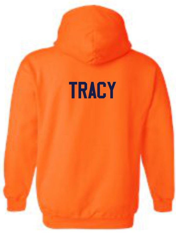 Derby City AC Orange Hooded Sweatshirt G185 with a hood, featuring the name "tracy" printed in bold, blue letters on the back.