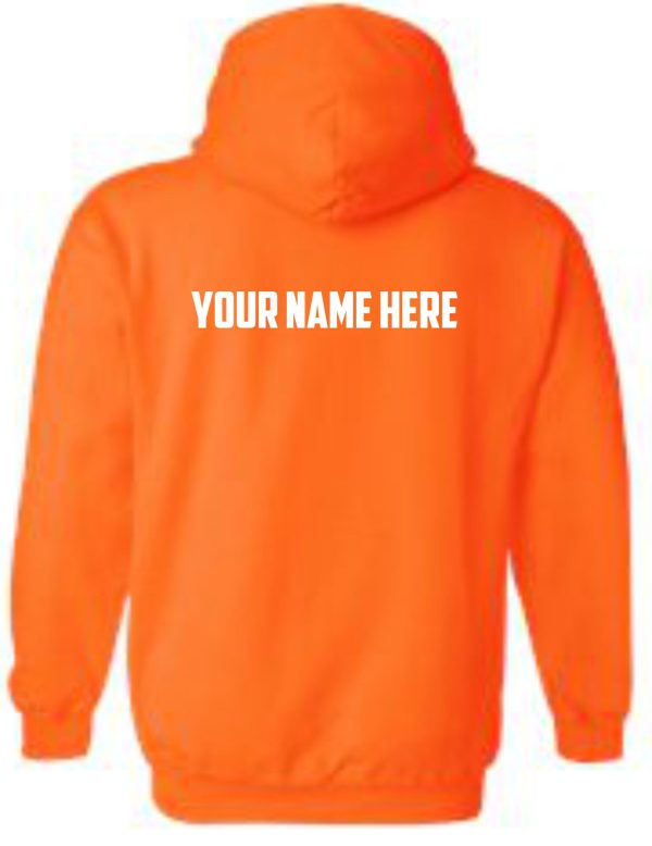 Springhurst Sharks Orange Hooded sweatshirt G18500 with the text "your name here" displayed on the back.