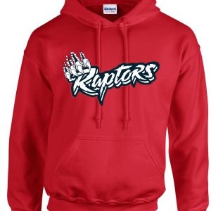 Red Raptors hoodie with claw logo.