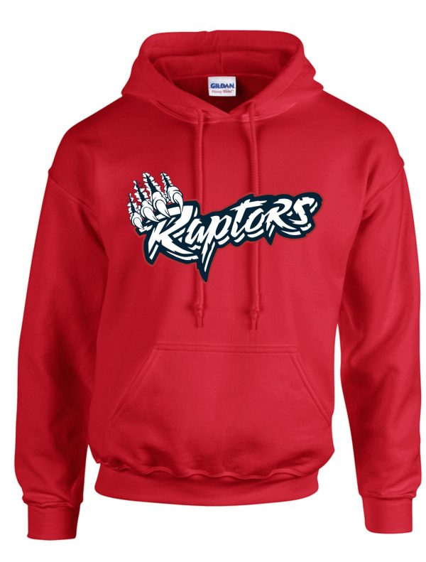 Red Raptors hoodie with claw logo.