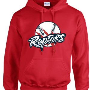 Red baseball hoodie with Raptors logo.