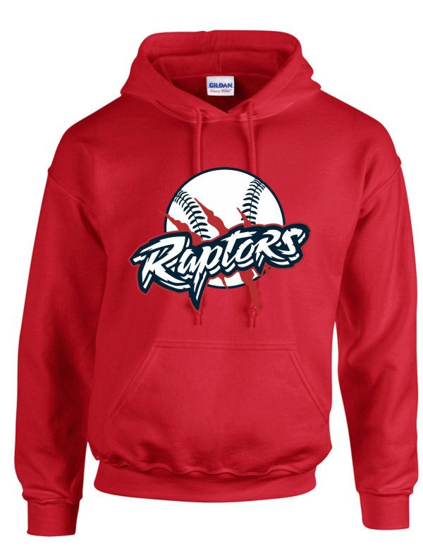 Red baseball hoodie with Raptors logo.