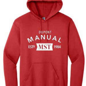 Red hooded sweatshirt with MST logo.