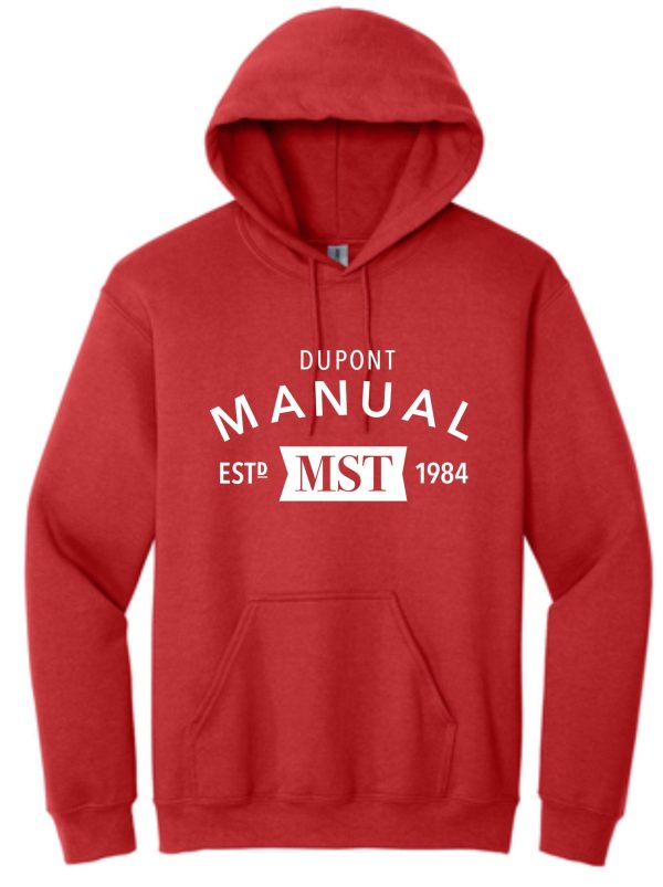 Red hooded sweatshirt with MST logo.