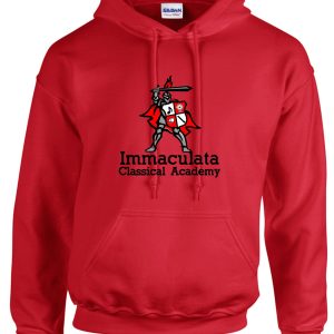 Immaculata Red Hooded Sweatshirt G18500 with "immaculata classical academy" text and knight mascot logo on the front.