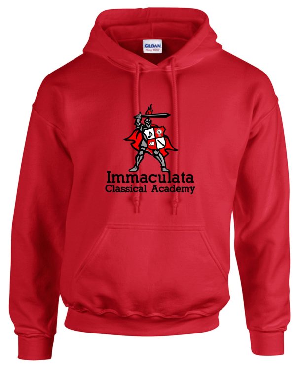 Immaculata Red Hooded Sweatshirt G18500 with "immaculata classical academy" text and knight mascot logo on the front.