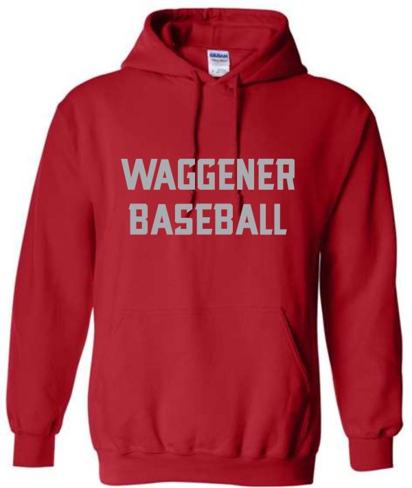 2023 Waggener Baseball Red Hooded sweatshirt G185 with the words "wagener baseball" printed in white across the front.