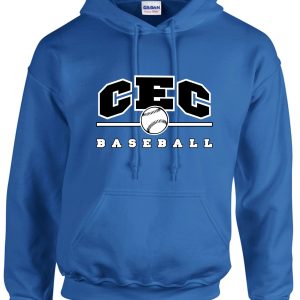 CEC Baseball Royal Blue Hooded sweatshirt G185 with "cec baseball" logo featuring a baseball graphic and stylized black and white text.