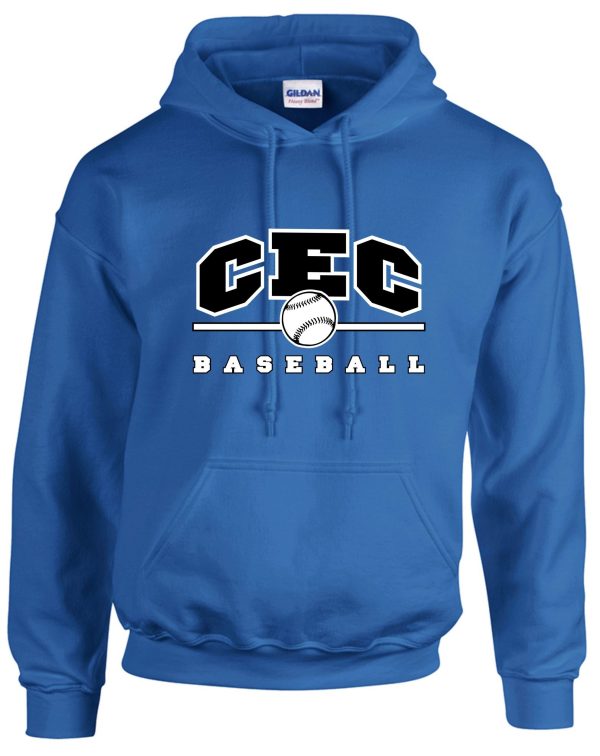 CEC Baseball Royal Blue Hooded sweatshirt G185 with "cec baseball" logo featuring a baseball graphic and stylized black and white text.