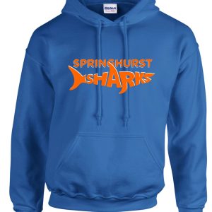 Springhurst Sharks Royal Blue Hooded sweatshirt G18500 with "springshark sharks" text and a shark graphic in orange on the front.